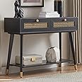 JYED Black Mid Century Modern Console Table, Narrow Wood Entryway Table with 2 Storage Drawers and Open Shelf, Farmhouse Entry Tables for Entryway, Front Hall, Hallway, Living Room