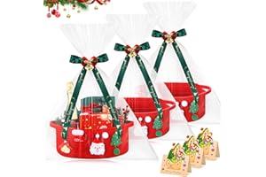 Funnymoom 3 Set Christmas Gift Basket Empty Small Woven Basket with Gift Bag Bow Ribbon Xmas Card 12" x 8" x 5" Cotton Rope Storage Bin with Handle for Christmas Holiday Decoration(Red,Classic)