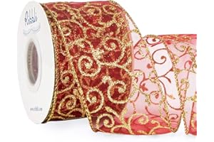 Ribbli Swirl Glitter Wired Ribbon, Burgundy Organza Sheer with Gold Glitter Swirl Pattern and Gold Metallic Edge,2-1/2 Inch x 10Yards Christmas Ribbon for Tree Decoration