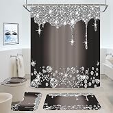 4 Pcs Glitter Diamond Shower Curtain Sets, Black Silver Shiny Drips Bath Decor with Mat and Toilet Lid Cover, Deep Grey Luxury Texture Colorful Bling Modern Bathroom Curtain with 12 Hooks, 72 x 72 in