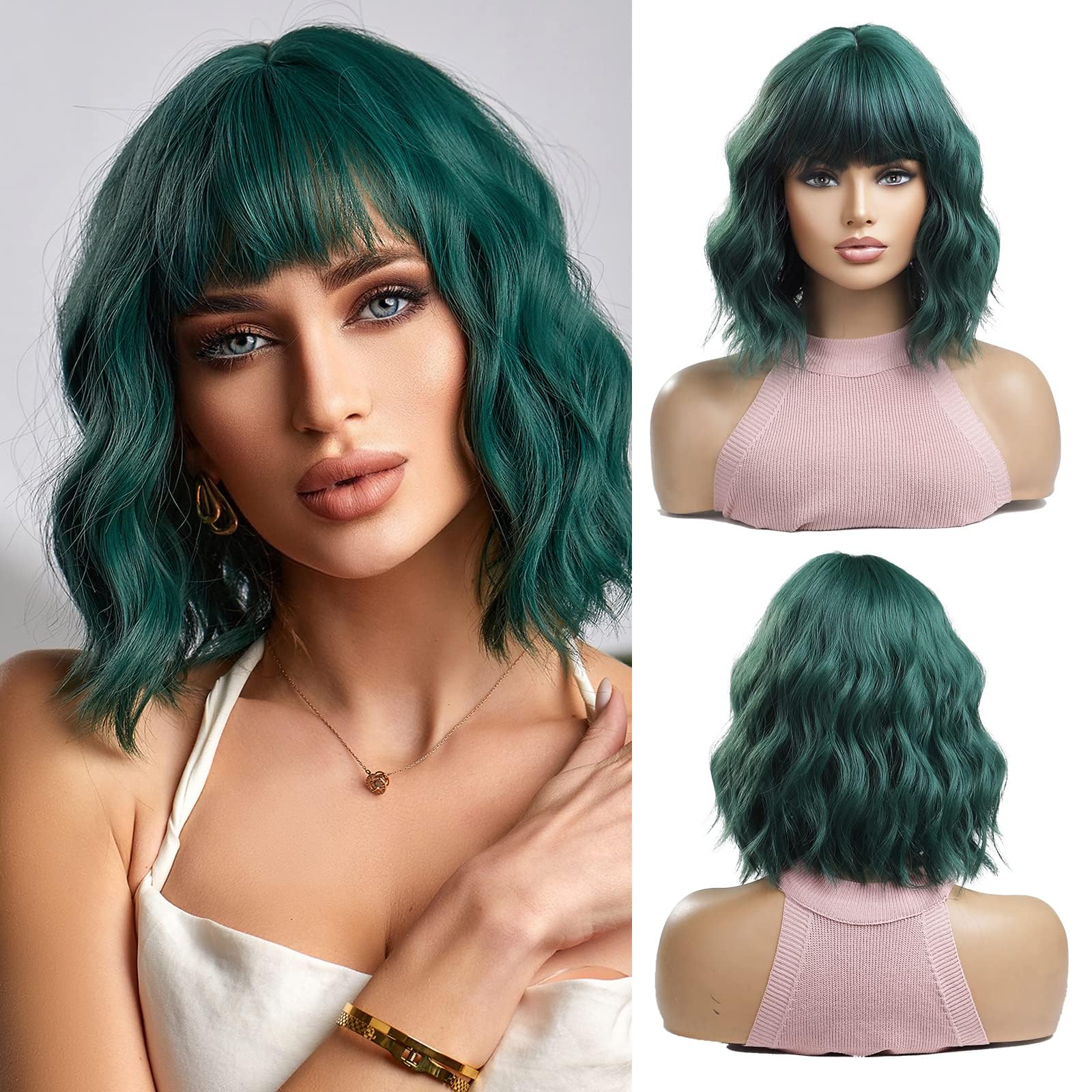 OUFEI Green Bob Wigs for Women Short Wavy wig Natural Synthetic Hair Heat Resistant Wigs for Daily Party Cosplay Wear-13 Inches — image 1