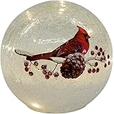 Cardinal on Pinecone Crackle Glass Small 6 Inch LED Light Up Globe Tabletop Decoration