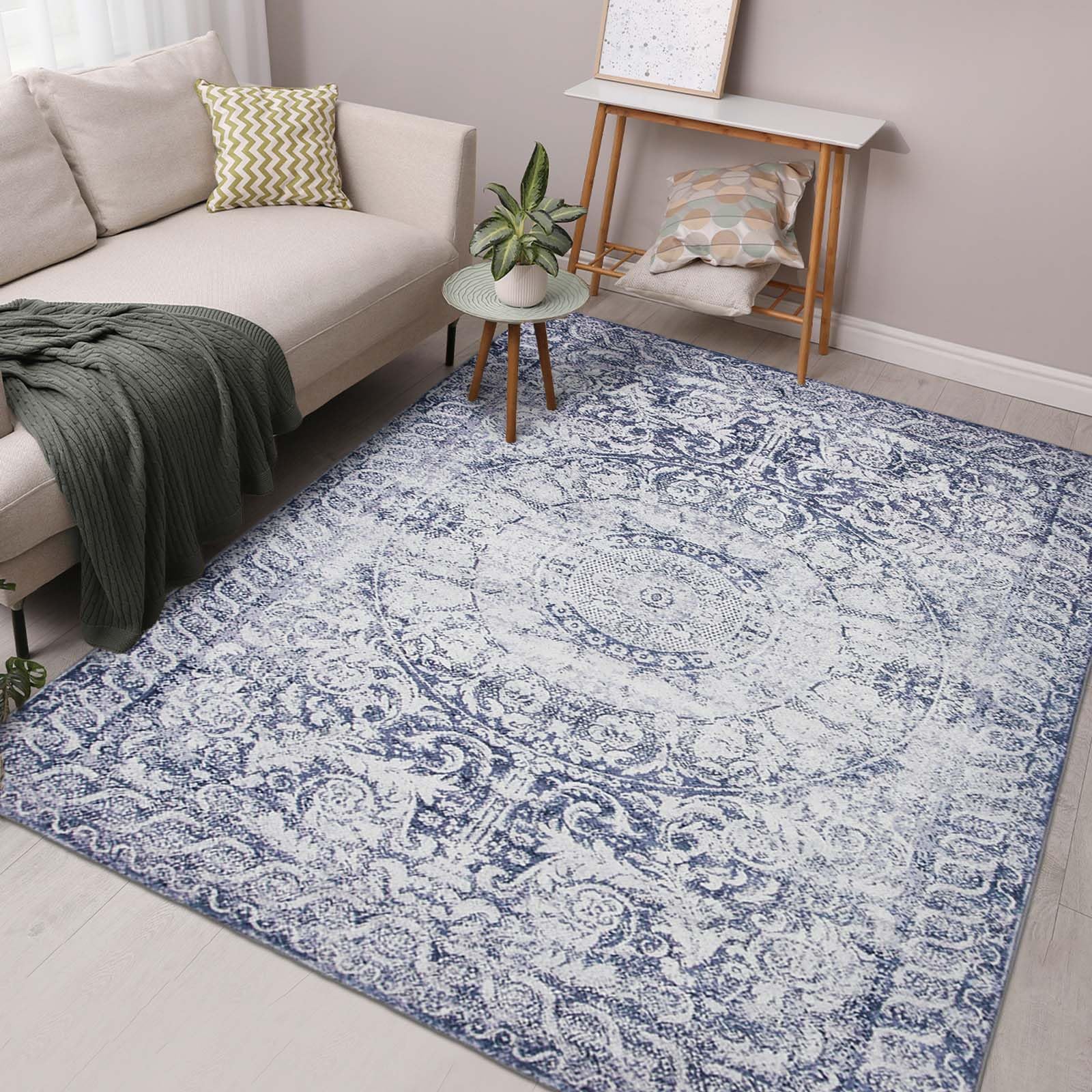 Betadistor Large Vintage Area Rug, 47 x 63 inches Non-Shedding Vintage Carpet Machine Washable Rugs for Living Room Non Slip Traditional Floor Carpet Rugs for Bedroom Dining Room, Grey, 302-05120