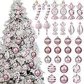 Soulchen 30 Pcs Pastel Pink Valentine's Day Decor Set Pink Valentines Balls Candy Cane Lollipop Decorations Assorted Plastic Valentine Tree Hanging Ornament for Holiday Party Valentine Tree Home Decor