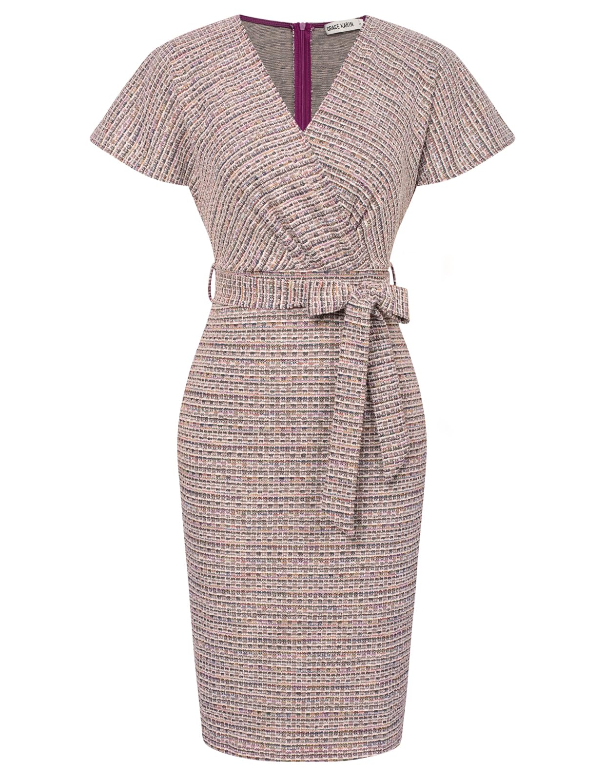 Photo 1 of Women's Elegant Pencil Dress Bell Short Sleeve Wear to Work Office Midi Dresses Above Knee Length Pink M