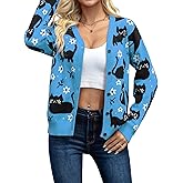 Christmas Cat Cardigan Sweaters for Women Black Cat Knit Sweater Button Down V Neck Fall Winter Open Front Outerwear