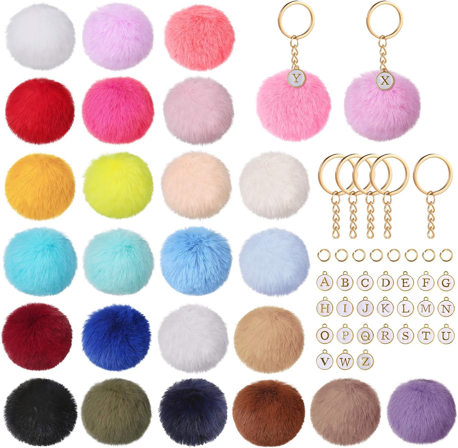 Auihiay 130 Pieces Pompoms Keychain Set Include 26 Faux Fur Pom Poms Balls, 26 Letter Beads and Keyrings for DIY Pom Poms Keychain Bag Charm Accessories at  Women’s Clothing store