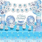 Sekeline Frozen Birthday Party Supplies Winter Snowflake Party Decorations Include Plates Napkins Cups Forks Knives Spoons, Happy Birthday Banner, Cake Topper, Balloons, Tablecloths
