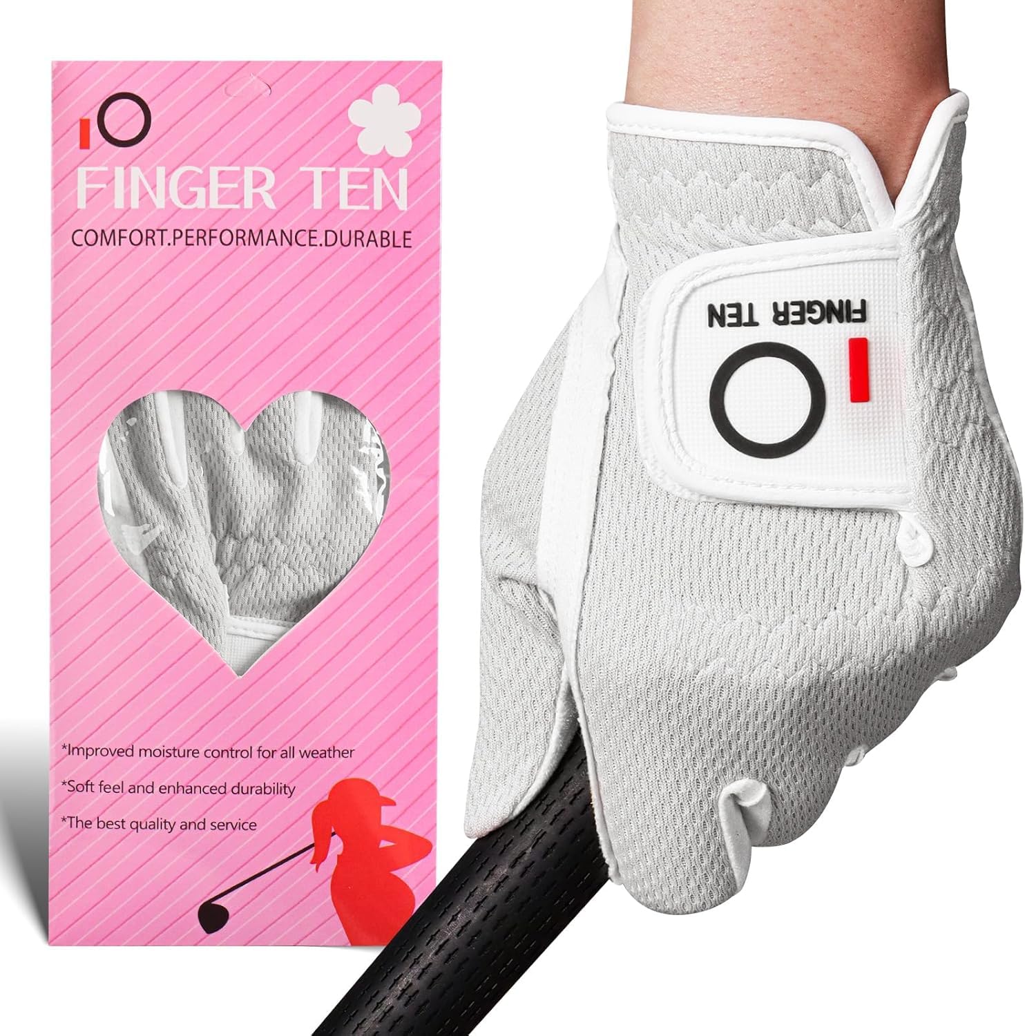 FINGER TEN Golf Gloves Women Left Hand Right Microfiber All Weather Grip Rain Hot Wet Value Pack, Ladies Golf Gloves Soft Flexible Durable Wear Resistance Good Grip (White, M, Left)