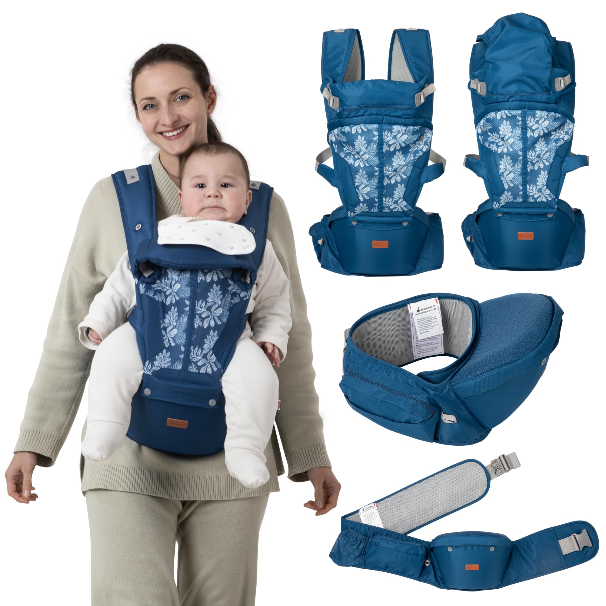 Photo 1 of BabbleRoo 6-in-1 Baby Carrier with Hip Seat, Ergonomic, Cozy & Adjustable Toddler Carrier 7-50 lbs with Hip & Lumbar Support, Hood for Sun Protection, Baby Carrier Newborn to Toddler, Denim Leaves