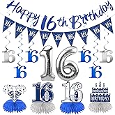 13PCS 16th Party Decorations for Boys Girls, Blue Silver Happy 16th Birthday Banner Centerpieces Swirls Balloons Kit Party Supplies, Navy Blue Sixteen Years Old Bday Ceiling Table Topper Decor