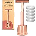Bambaw Double Edge Safety Razor with Stand, Women Razor with 5 Double Edge Safety Razor Blades, Plastic Free Metal Razor – Rose Gold
