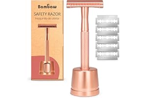 Bambaw Double Edge Safety Razor with Stand, Women Razor with 5 Double Edge Safety Razor Blades, Plastic Free Metal Razor – Rose Gold