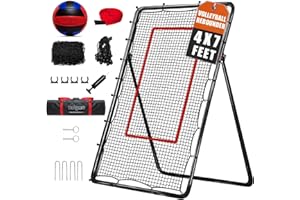 LOMGWAYS Volleyball Rebounder Net with Volleyball, Bungee Cords,Carry Bag and Neon Target, 5 Adjustable Angles Bounce Back Net for Volley Ball,Baseball,Improve Skills (4x7ft)
