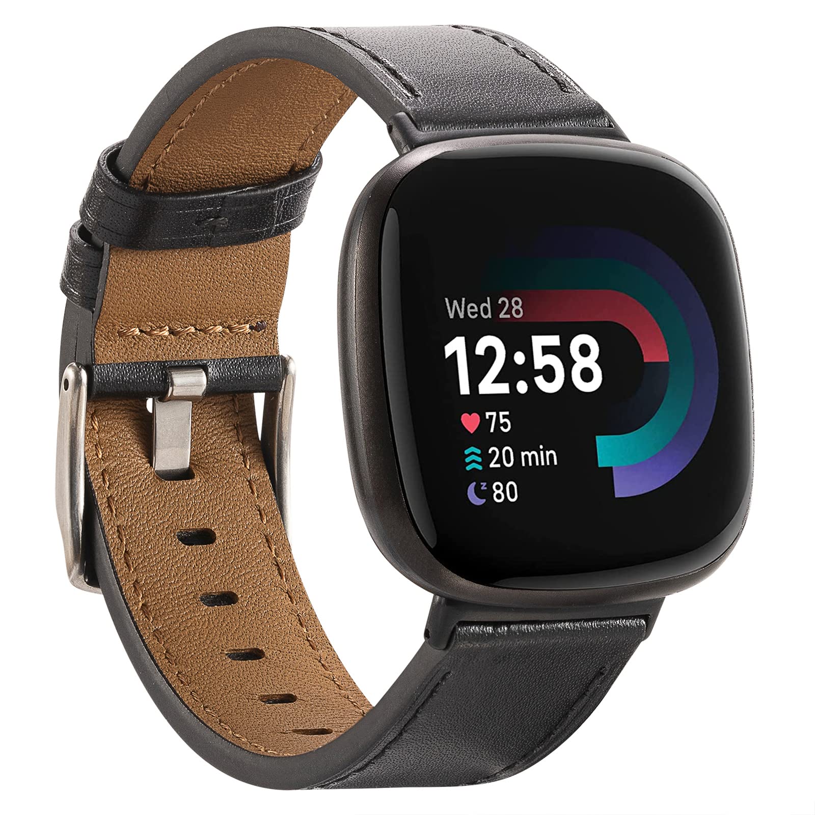 Nigaee Leather Strap Compatible with Fitbit Versa 4/Versa 3/Sense 2/Sense, Classic Black 21mm Leather Watch Band, 140mm - 205mm, Standard Design, Tang Buckle, Unisex, Formal Occasion