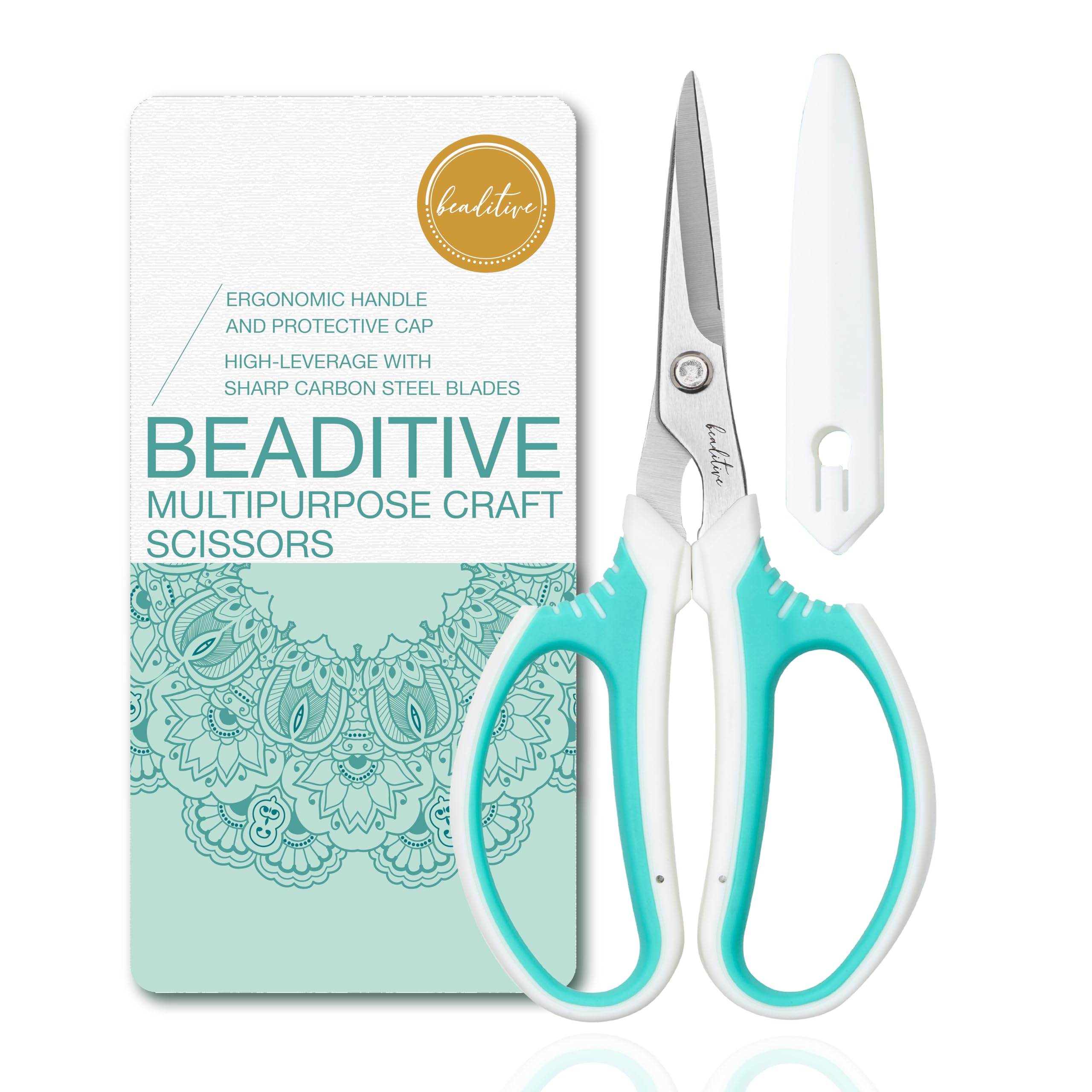 Beaditive Multipurpose Craft Scissors - High-Leverage Ergonomic Scissors with Sharp Carbon Steel Blades for Heavy Duty Projects - Safe for Office, Scrapbook, Leather