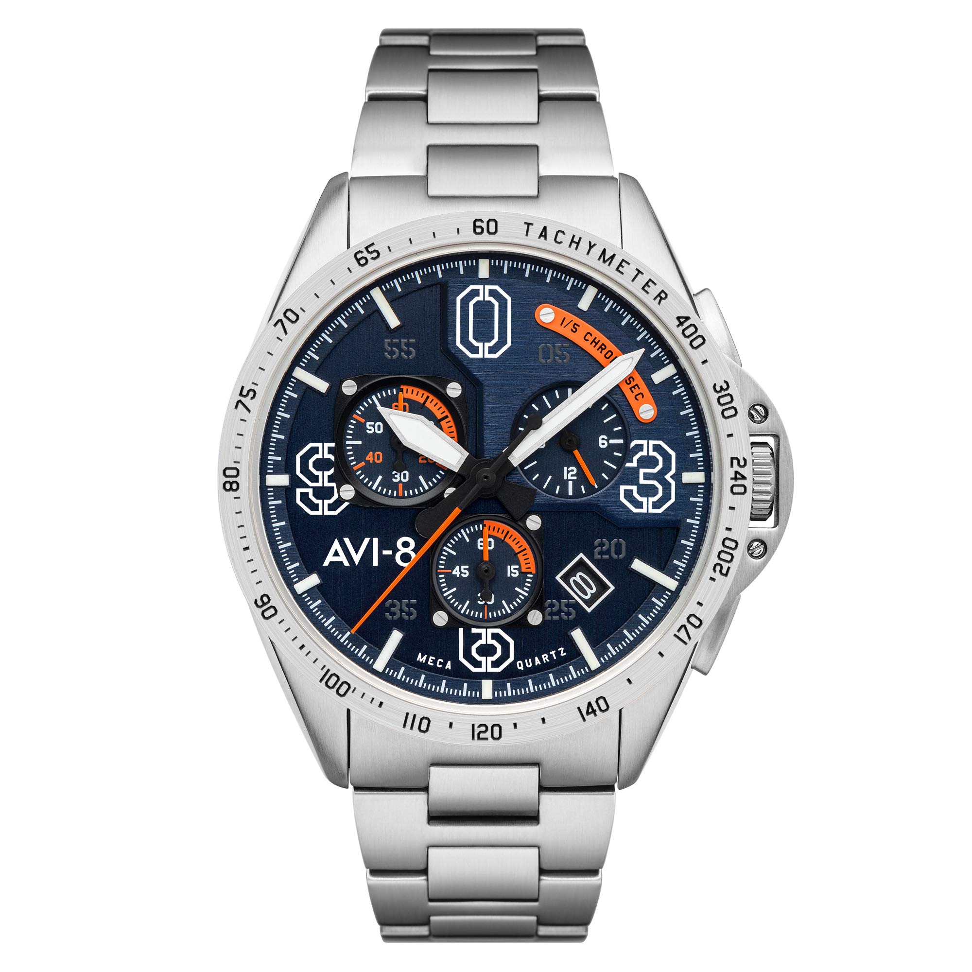 AVI-8 Mens 43mm P-51 Mustang Blakeslee Chronograph Silver Oak Japanese Meca-Quartz Pilot Watch with Stainless Steel Bracelet AV-4077-22