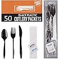 50 Plastic Cutlery Packets - Knife Fork Spoon Napkin Salt Pepper Sets | Black Plastic Silverware Sets Individually Wrapped Cutlery Kits, Bulk Plastic Utensil Cutlery Set Disposable To Go Silverware