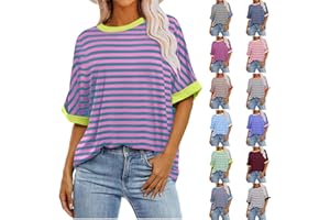 LIKEOULI Womens Sweatshirt Casual Striped Color Block Short Sleeve Crewneck Shirt Summer Y2k Tops Oversized Tshirts for Women