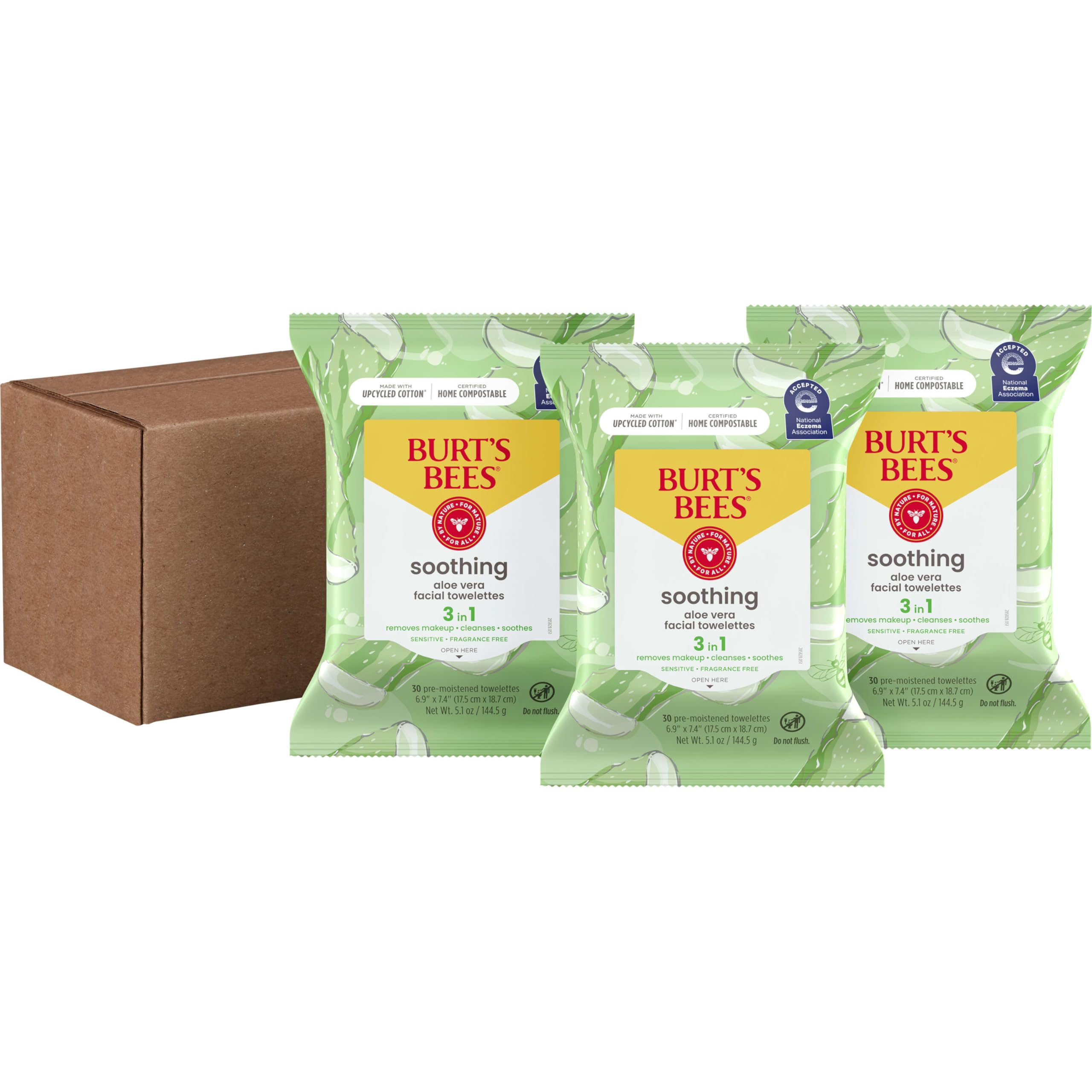 Burt's Bees Stocking Stuffers, Aloe Vera Face Wipes, for Sensitive Skin, Soothing Makeup Remover & Facial Cleansing Towelettes Christmas Gifts, 30 Ct. (3-Pack)