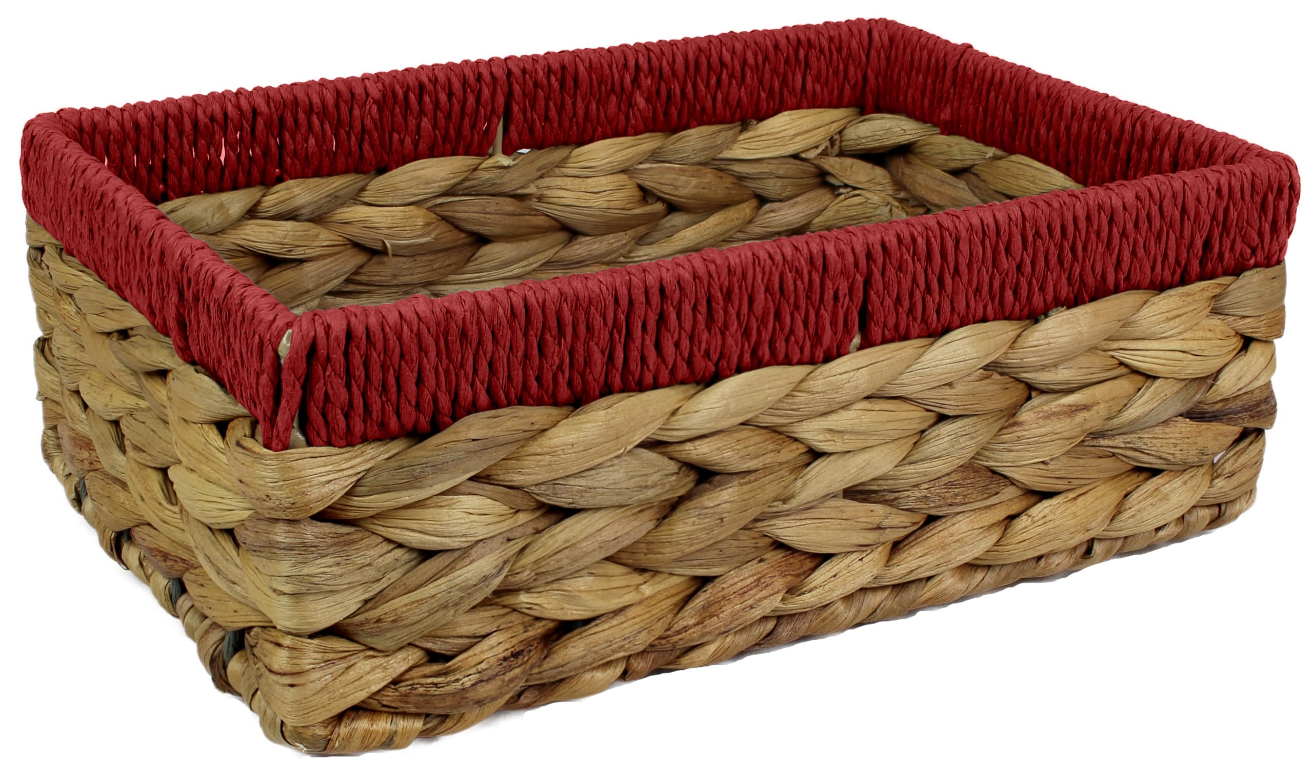 Rectangular Water Hyacinth Small baskets for storage Natural and Red wicker basket shelves open Decorative gift box Small bathroom mini tray makeup bathroom Kitchen organiser (1, Medium 28cm)