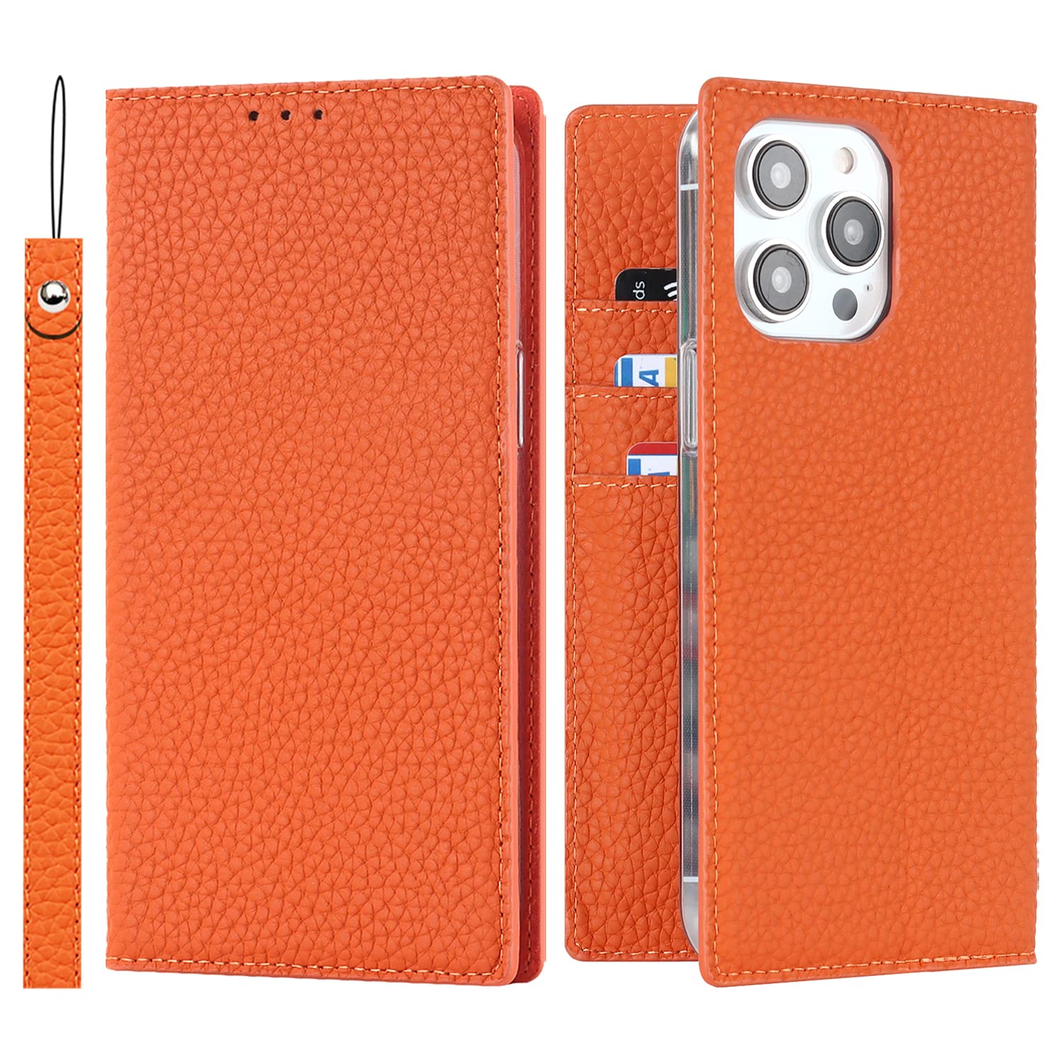 Cavor Phone Case Compatible for iPhone 14 Pro Max,Genuine Leather Flip Wallet Case,[3 Card Holders][Magnetic Closure][RFID-Blocking][Lanyard],Protective Case Cover for iPhone 14 Pro Max - Orange — image 1