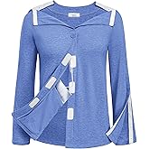 Deyeek Mastectomy Shirts with Drain Pockets Tear Away Side Snap Post Shoulder Surgery Shirts Women Chemo Port Dialysis Shirt