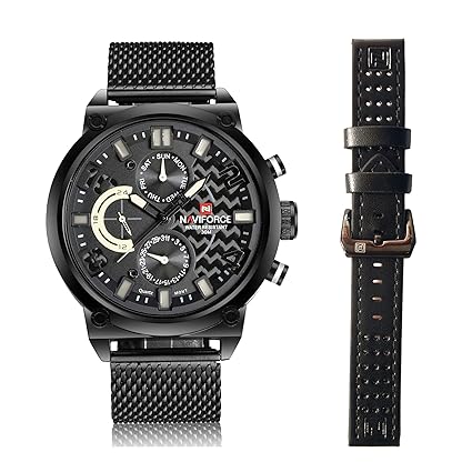 Naviforce Black Chain Steel Chronograph Watch Watch, Day & Date Display 9068 Free Leather Strap