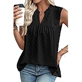 EVALESS Women's Tops Lace V Neck Dressy Casual Sleeveless Blouses Elegant Swiss Dot Smocked Shirts Spring Fashion