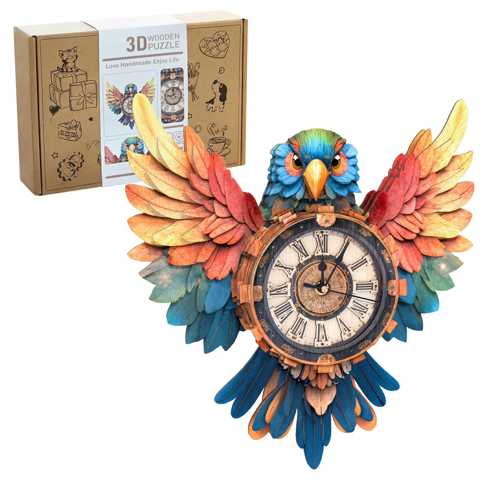Lilcubics 3D Wooden Parrot Clock Puzzle for Adults, Mechanical 3D Building Model Kit with Pendulum & Chime, DIY Wall Clock for Home Office Decor, Parrot Gifts Ornament for Men Women Bird Lovers