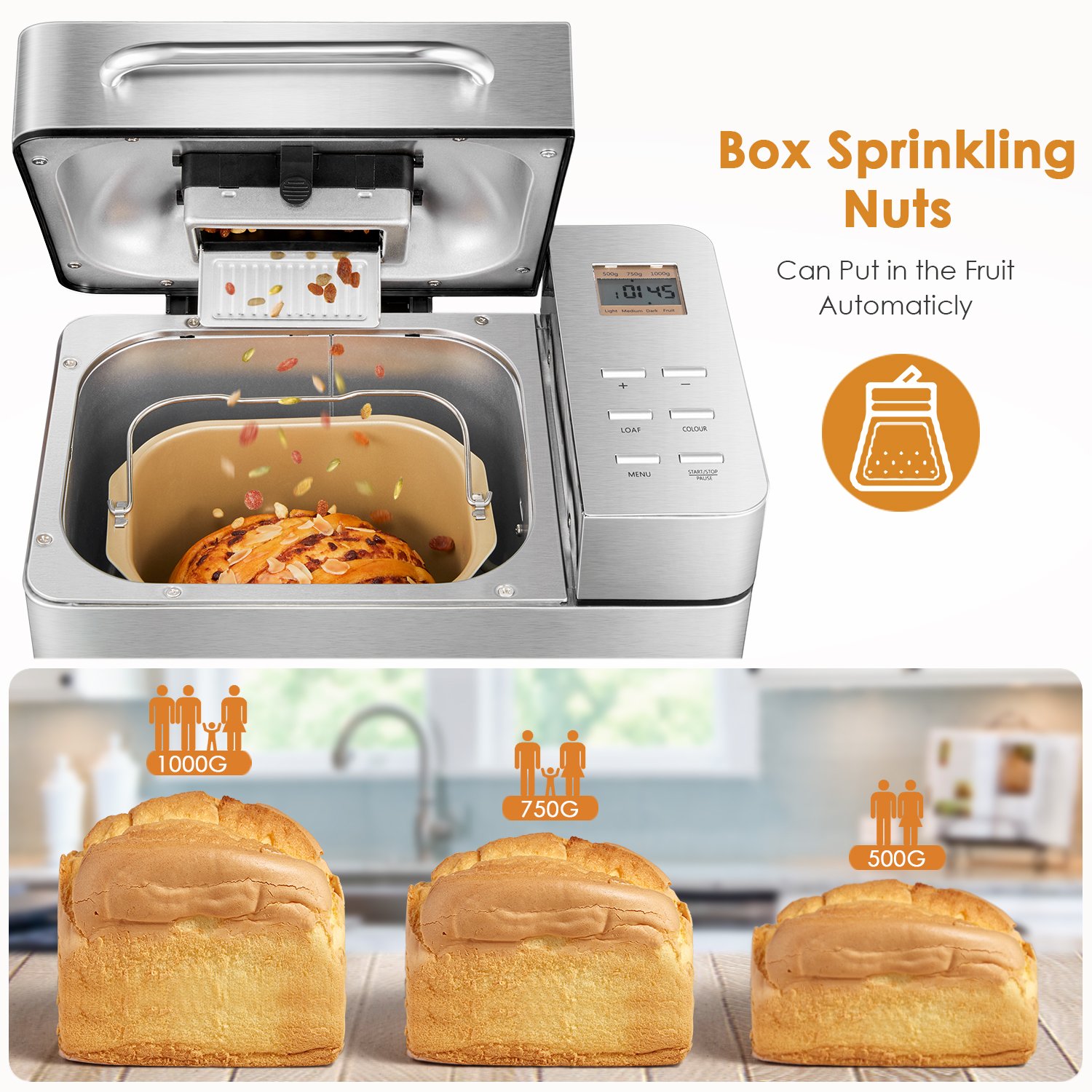 Bread Machine Aicok, Full Stainless Steel Bread Maker 19 Programs with