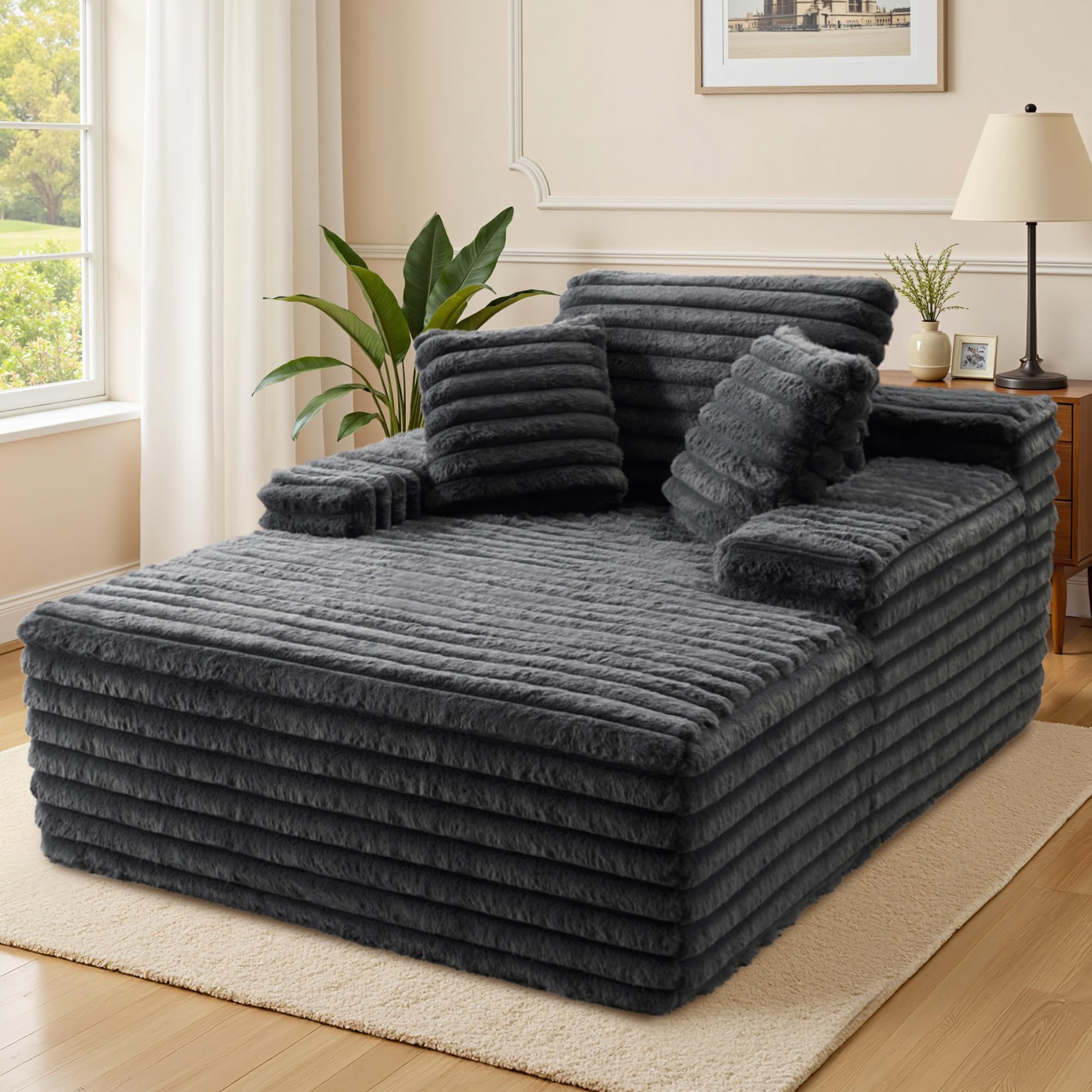 Photo 1 of *** PARTIAL SET MISSING BOX 3 OF 3 ****  67" Chaise Lounge Sofa, Faux Fur Sleeper Chaise with Armrests and Throw Pillows, Couch for Living Room or Apartment, BLACK 