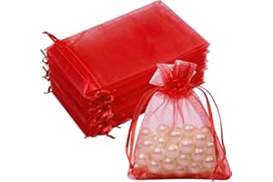 Crweety 50 Pcs 3x4 Inch Organza Bags, Mesh Drawstring Treat Pouch Bags for Party Favor Wedding (Red)