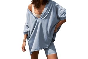 TAQCUX 2 Two Piece Outfits for Women Summer Oversized Workout V Neck T Shirts Biker Shorts Matching Sets