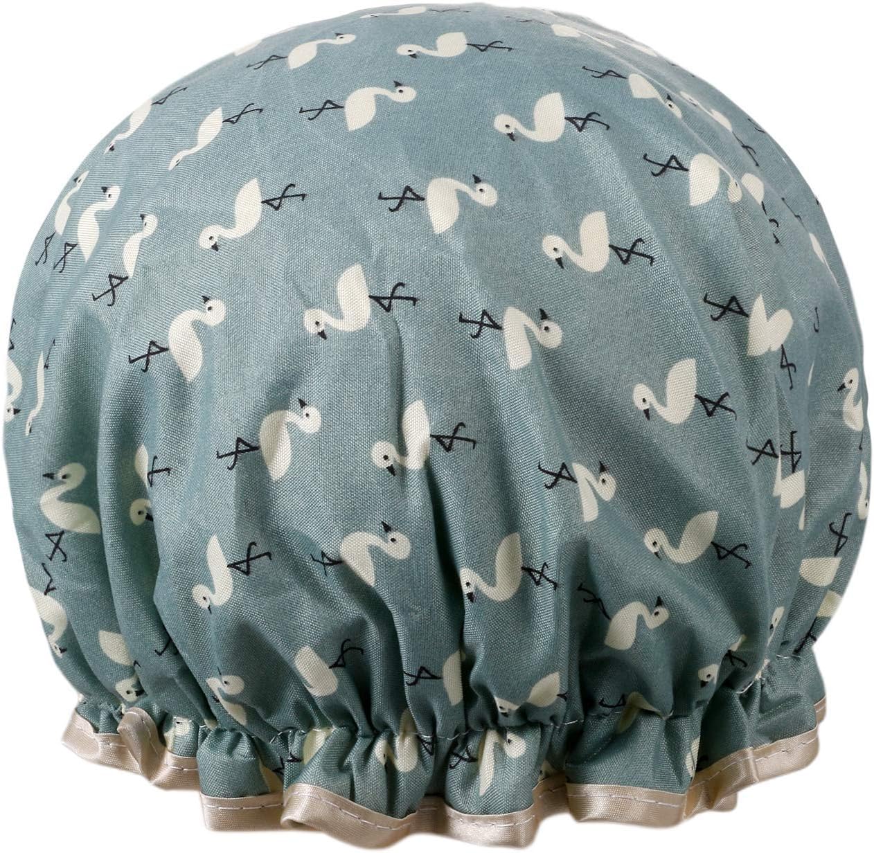 vtremShower Cap Lined Double Layer Waterproof Hair Bath Caps with Lace Elastic Band Lovely Flamingo Pattern Reusable Bathing Hat for Women Girls, Blue