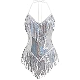 Women Sexy Sequin Fringe Bodysuit Romper Sparkly Tassel Latin Jazz Dance Acrobat Costume Dancing Music Festival Rave Outfits