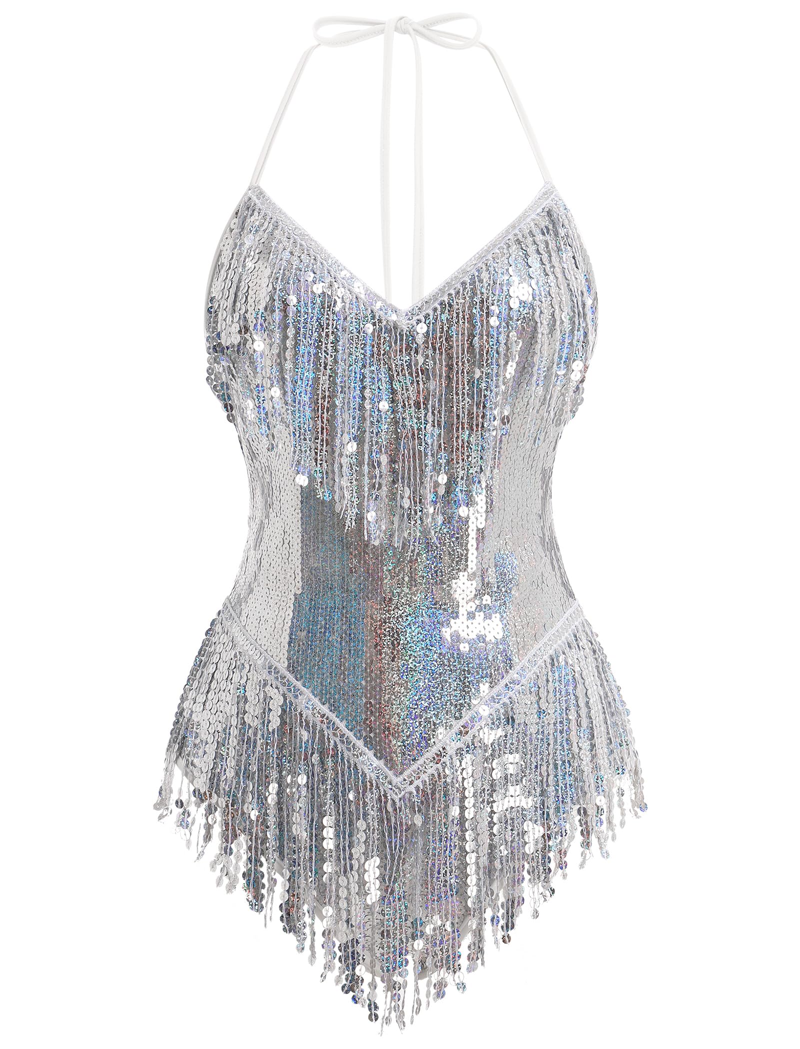 Photo 1 of Sexy Sequin Fringe Bodysuit for Women Sparkly Tassel Leotard Latin Jazz Dance Acrobat Costume Trapeze Artist Dancing Dress Club Halloween Carnival Romper Concert Music Festival Rave Outfits Silver S