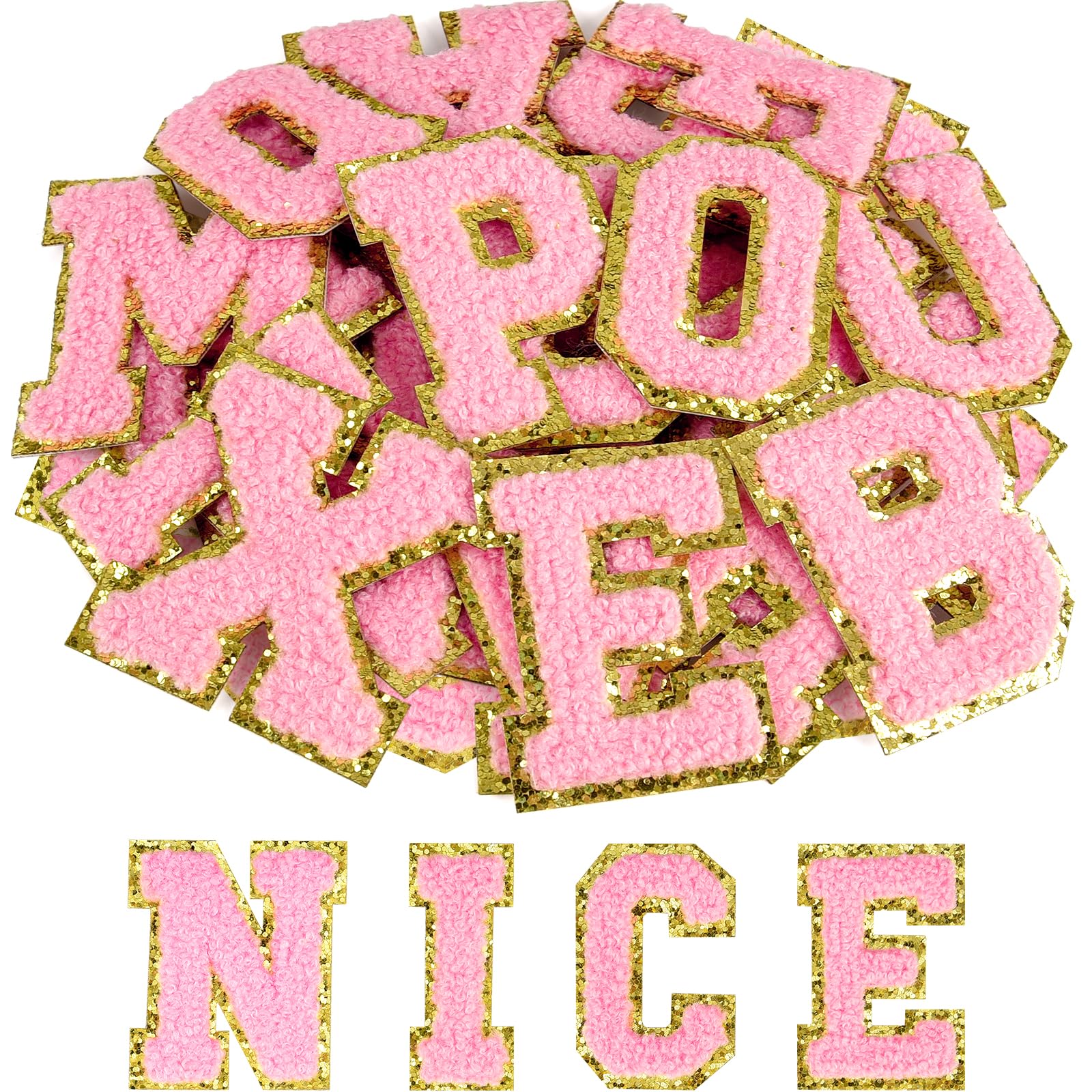 Photo 1 of *Missing vowel* ASTARON 26 Pcs Self Adhesive Letter Patches Chenille Letters Stickers, A-Z Embroidered Applique Patches Alphabet Cloth Patch for Clothes, Bags, Hat, Phone Case, DIY Accessories (Light Pink)