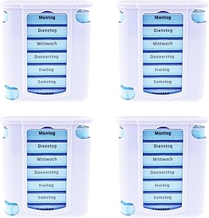KAMACA 4 er Pack (4 Stück) praktischer Medikamentendosierer 28 Tage mit 4 Fächern pro Tag, Pillendose,Pillenbox, Tablet, Organizer, Tablettenbox, Wochendosierer 1 Monat (4er Set - 4 Wochen)