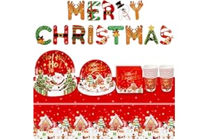 CSYY Christmas Party Tableware Set for 20 People, 82Pcs Xmas Decoration Paper Dinnerware Set with Christmas Banner Plastic Tablecloth, Plates, Napkins, Cups & Party Supplies