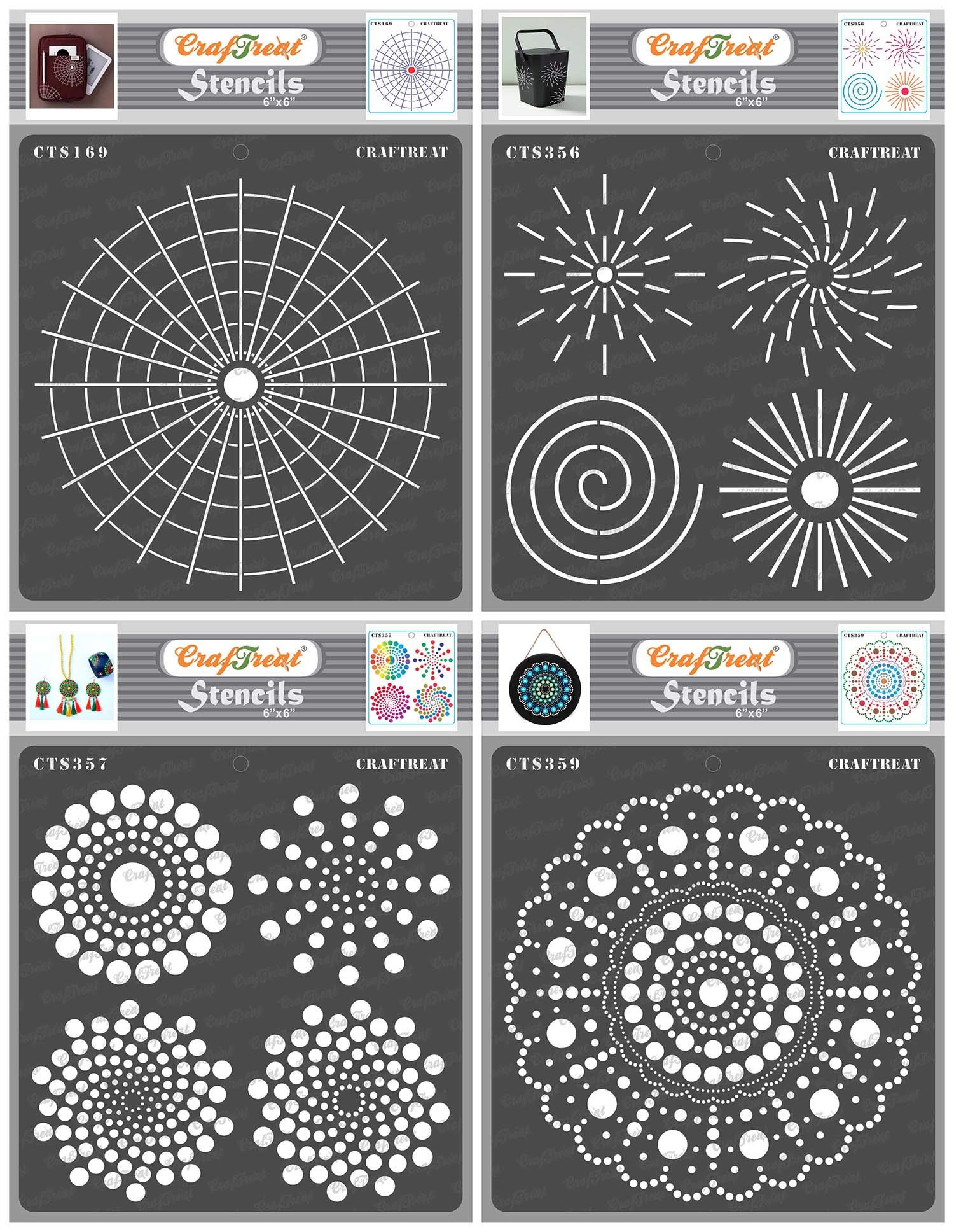CrafTreat Reusable Dot Mandala Stencils 6x6 Inch, 4 Pcs for Painting on Wood, Canvas, Paper, Floor, Wall and Tile - Dot Mandala Basics, Outlines, Round and Radar, Each - DIY Craft Stencils