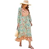 R.Vivimos Women's Long Sleeve Cotton V-Neck Button Up Floral Print Boho Flowy Midi Dresses