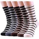 Heran Striped Crew Socks for Women, Woman Cute Retro Multicolored Cotton Ankle Stockings, 5 Pairs Women’s Fun Breathable Calf Stockings, Vintage Soft Casual Long Socks for Girls, Suits All Seasons