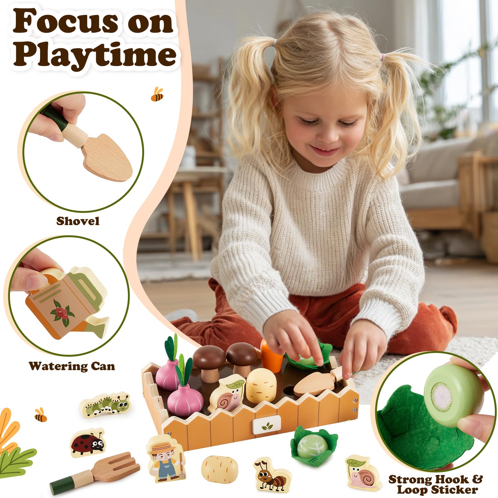 HERSITY Lebensmittel Spielzeug Holz, Karotten Steckspiel Kinder Bauernhof Spielzeug, Garten Spiele Holzspielzeug ab 3 Jahr, Lernspielzeug Geschenk für Mädchen Jungen 3 4 5 Jahren (Braun) 2