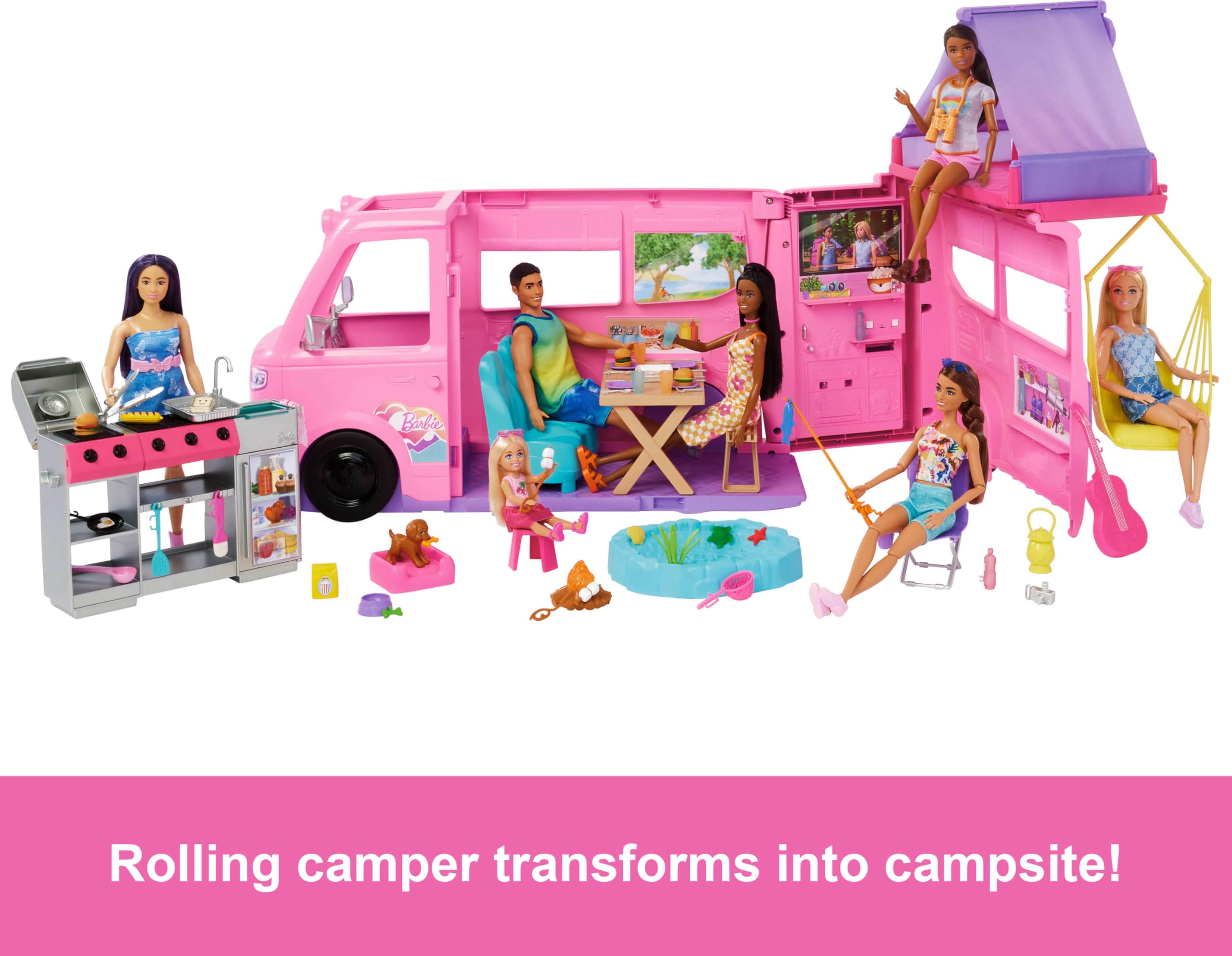 Barbie Dream Camper New for 2025 Playset with Roof Tent, Swing Chair, Fishing Pond, BBQ Grill with Color-Change Feature & 60+ Accessories Including Dough