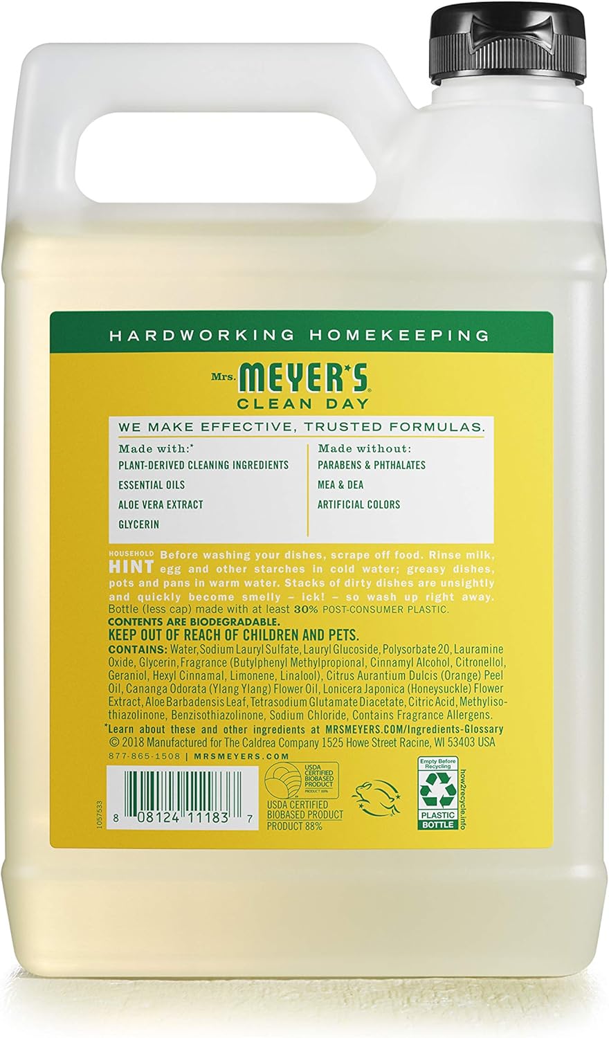 Mrs. Meyer's Clean Day Dishwashing Liquid Dish Soap Refill, Cruelty Free Formula, Honeysuckle Scent, 48 oz: Health & Personal Care