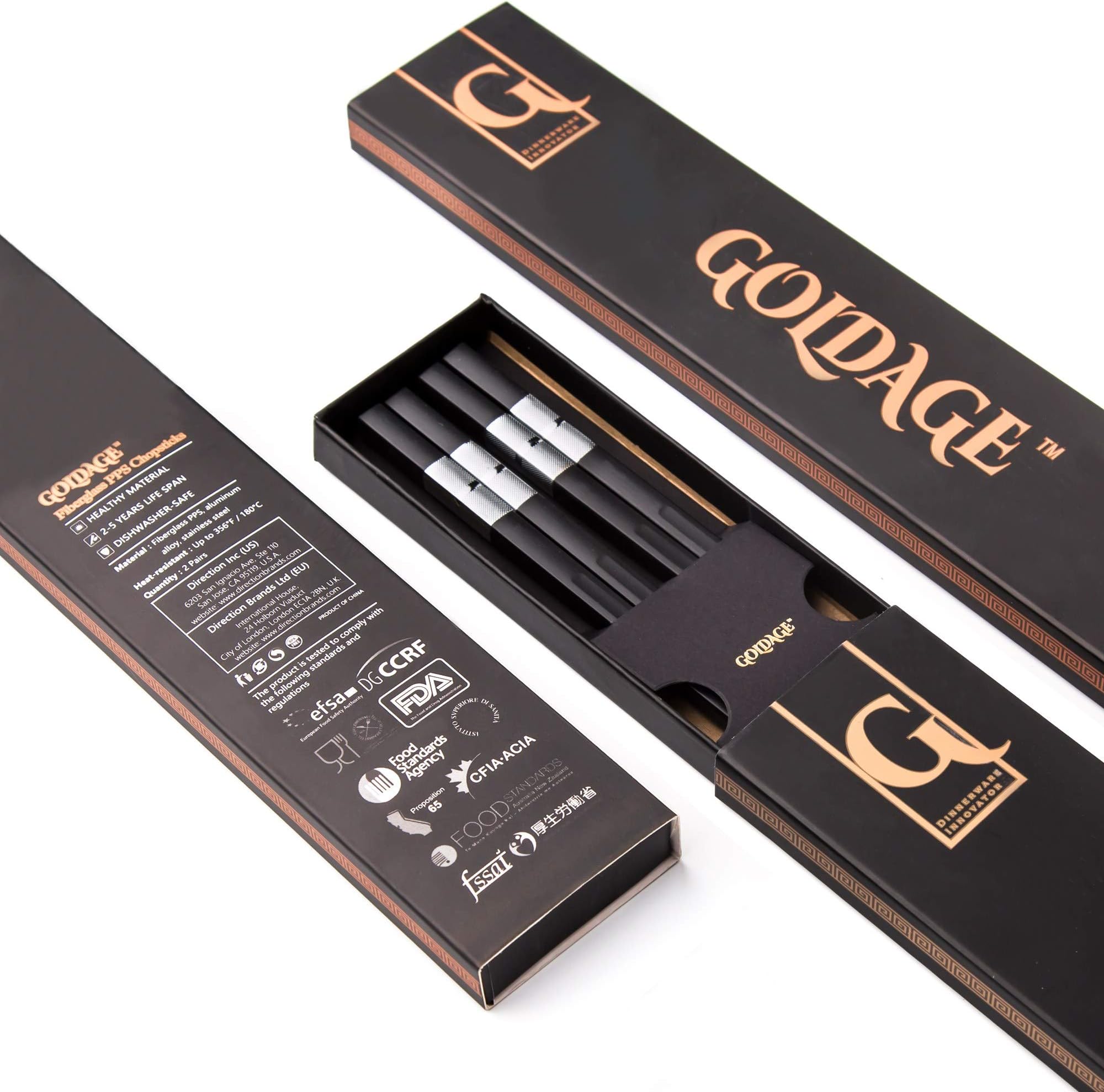 Goldage 2-Pairs Fiberglass Dishwasher-Safe Chopsticks (Hourglass - Silver)