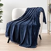 PAVILIA Fleece Throw Blanket for Couch with Pom Pom Fringe, Navy Blue, Soft Cozy Fuzzy Flannel Blanket for Sofa Bed, Lightweight Plush All Season Throw, 50x60 Inches