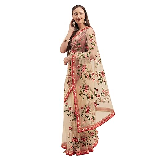 Womanista net with Blouse Piece Saree (WM1238_Beige_OneSize)