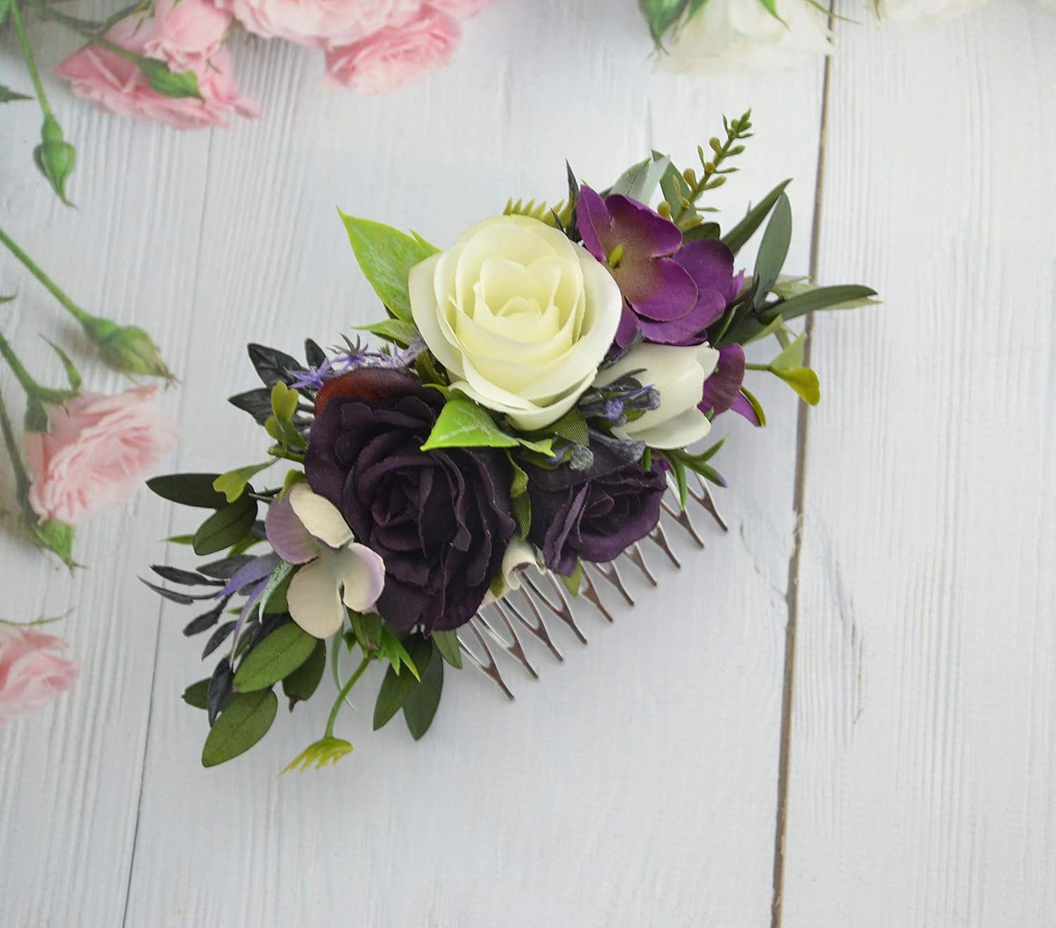 Purple Plum White Flower Hair Comb For Bride Floral Headpiece For Girl Wedding Hair Accessories Side Combs Handmade Products Swl13562 Nl